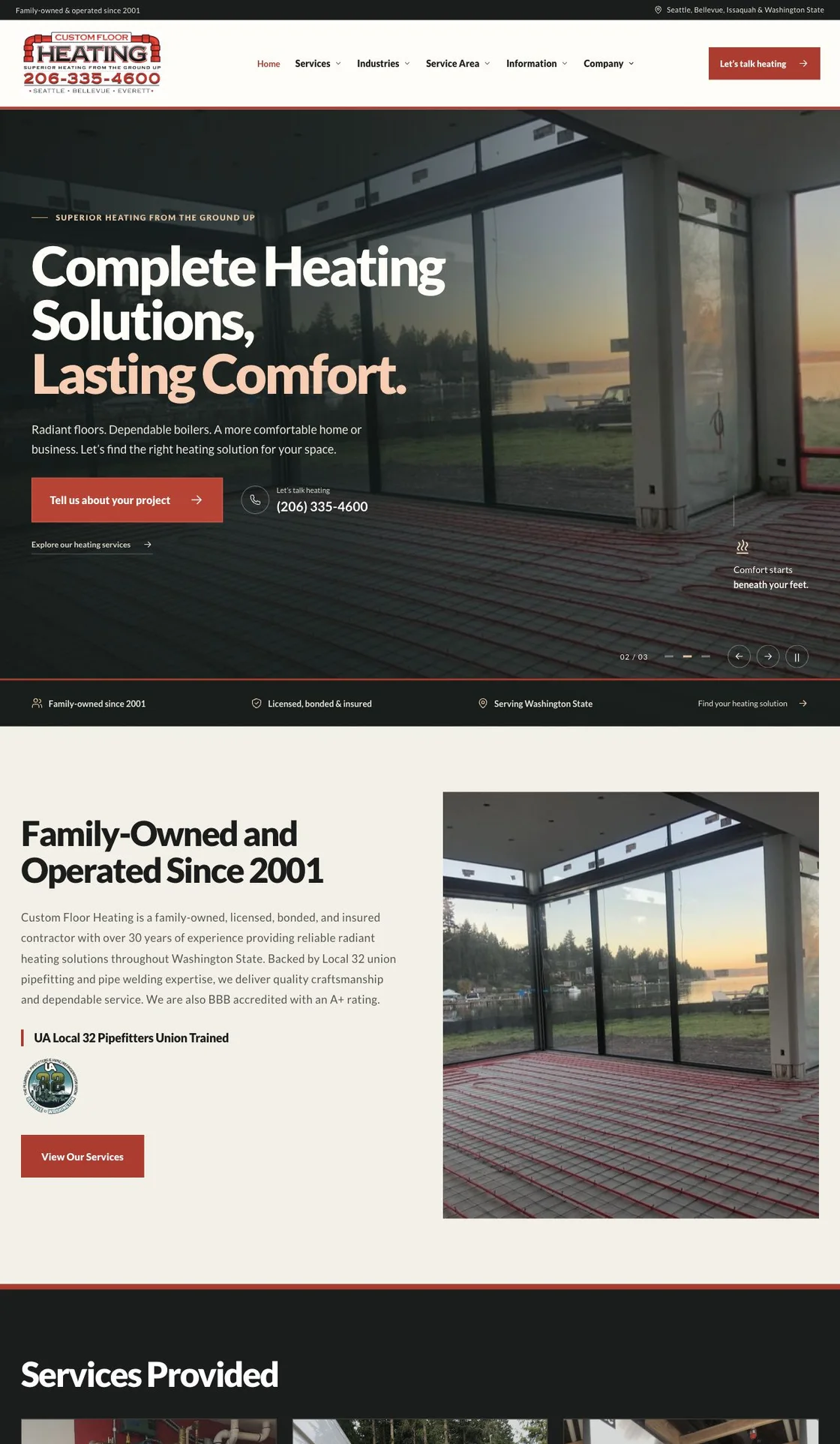 Custom Floor Heating website showing its actual homepage and service content